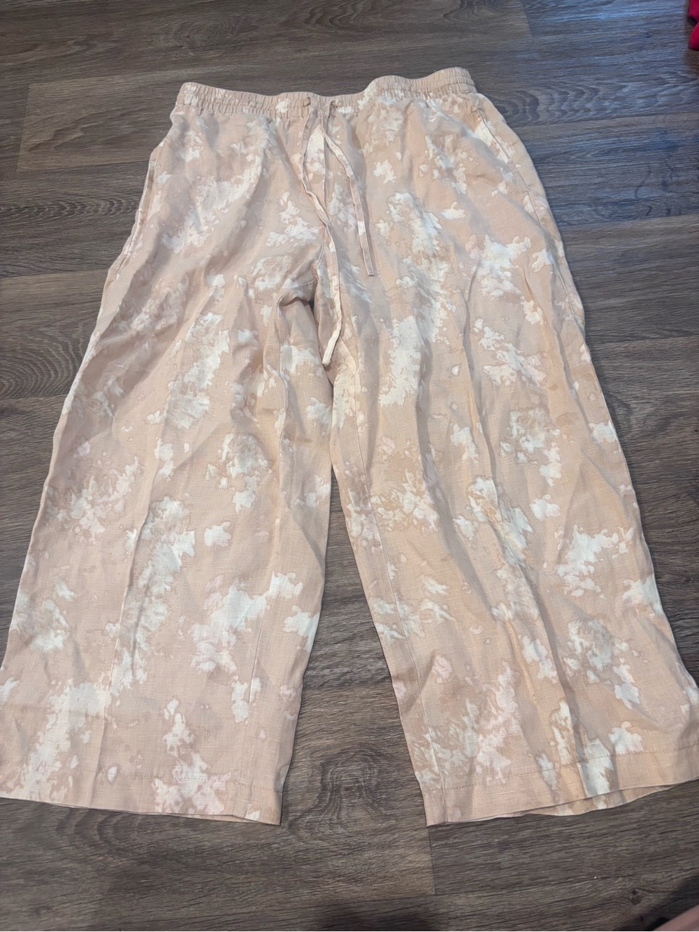 DKNY Pure 100% Linen Wide Leg Pants Abstract Print Drawstring Womens M Coastal